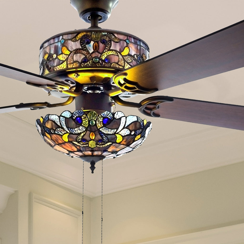 Ventilateur de plafond Magna Carta de style Tiffany Copper Grove Guasipati de 52 pouces - 52L x 52W x 16,5