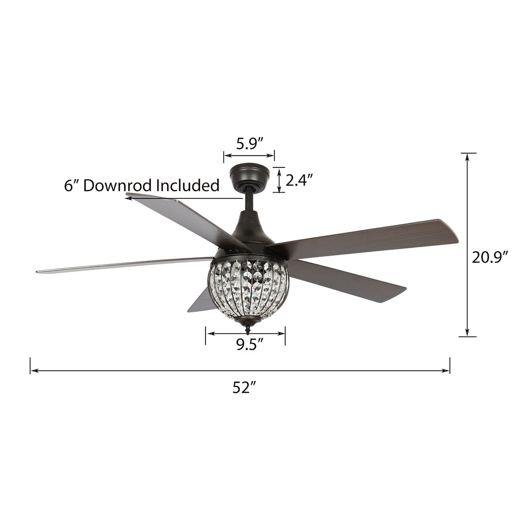 Ventilateur de plafond industriel en bois noir à 5 pales et cristal avec télécommande