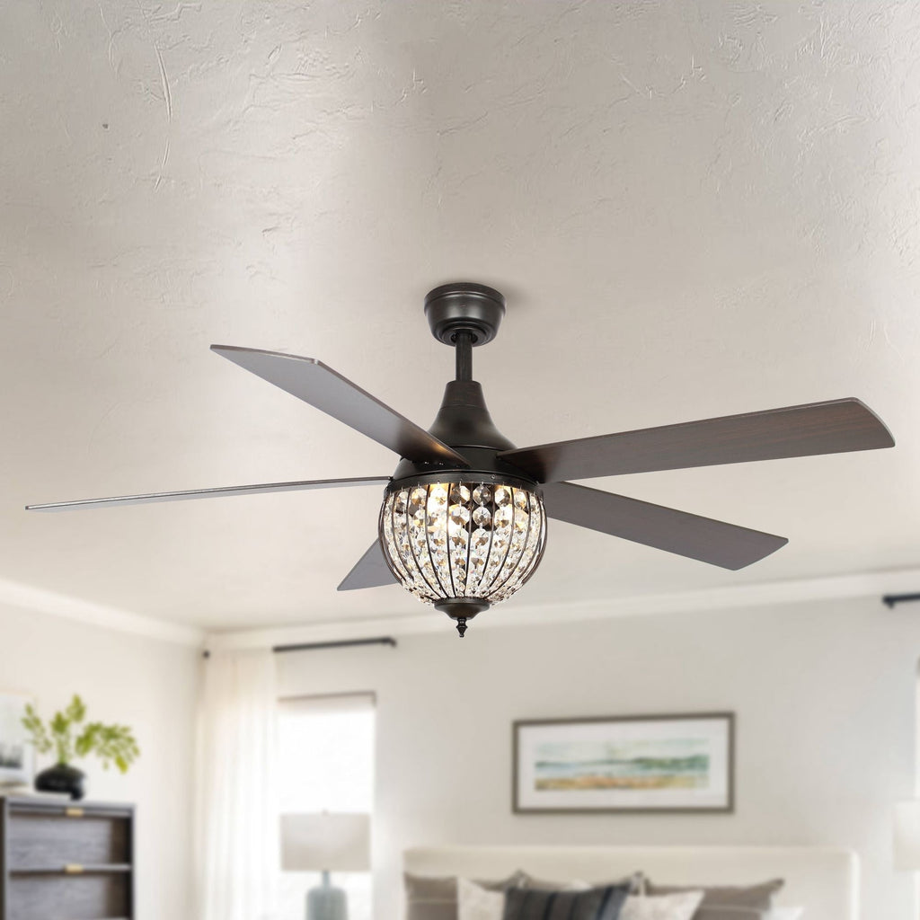 Ventilateur de plafond industriel en bois noir à 5 pales et cristal avec télécommande