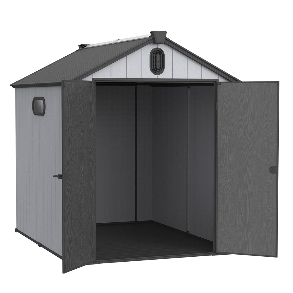 Abri de rangement extérieur en plastique et résine toutes saisons de 6 pi x 4 pi/6 pi x 8 pi/8 pi x 6 pi/8 pi x 10 pi avec plancher, abri à outils Spire