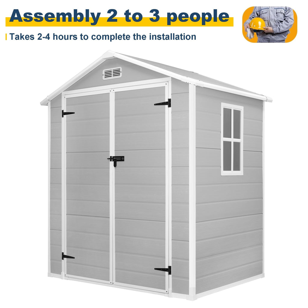 Abri de rangement extérieur en plastique et résine toutes saisons de 6 pi x 4 pi/6 pi x 8 pi/8 pi x 6 pi/8 pi x 10 pi avec plancher, abri à outils Spire
