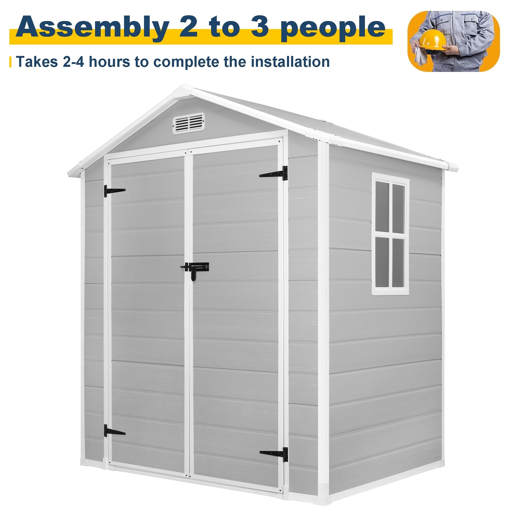 Abri de rangement extérieur en plastique et résine toutes saisons de 6 pi x 4 pi/6 pi x 8 pi/8 pi x 6 pi/8 pi x 10 pi avec plancher, abri à outils Spire