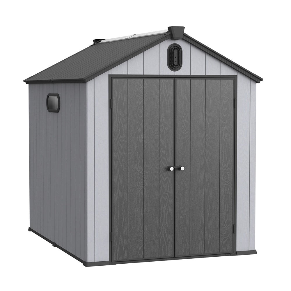 Abri de rangement extérieur en plastique et résine toutes saisons de 6 pi x 4 pi/6 pi x 8 pi/8 pi x 6 pi/8 pi x 10 pi avec plancher, abri à outils Spire