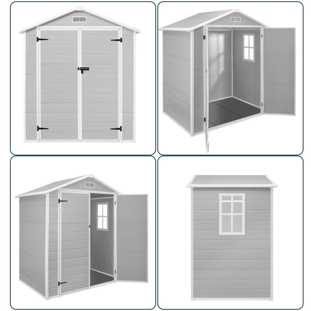 Abri de rangement extérieur en plastique et résine toutes saisons de 6 pi x 4 pi/6 pi x 8 pi/8 pi x 6 pi/8 pi x 10 pi avec plancher, abri à outils Spire