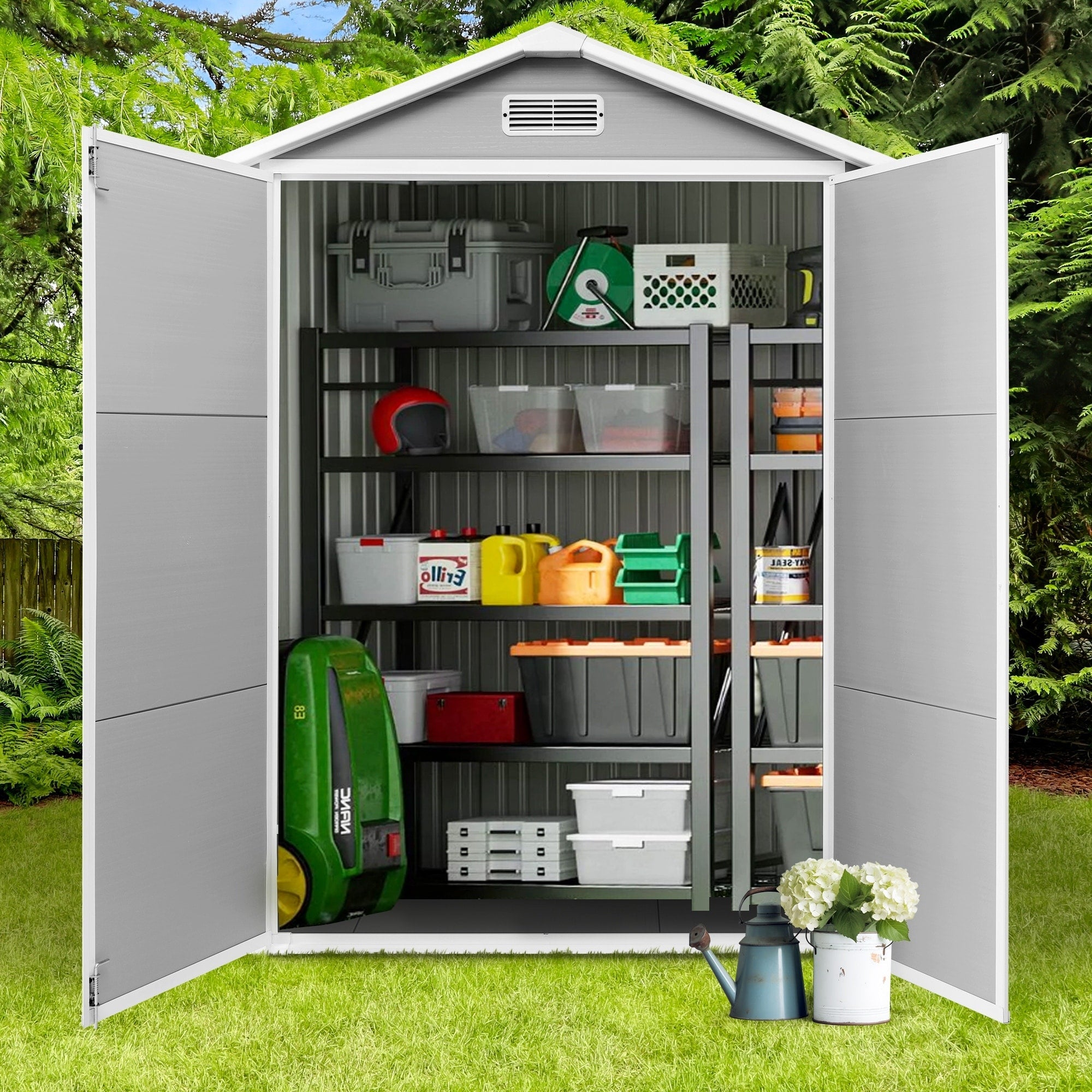 Abri de rangement extérieur en plastique et résine toutes saisons de 6 pi x 4 pi/6 pi x 8 pi/8 pi x 6 pi/8 pi x 10 pi avec plancher, abri à outils Spire