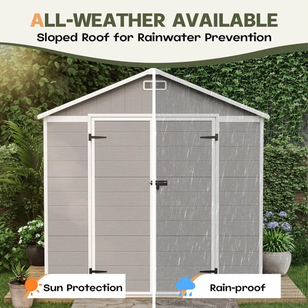 Abri de rangement extérieur en plastique et résine toutes saisons de 6 pi x 4 pi/6 pi x 8 pi/8 pi x 6 pi/8 pi x 10 pi avec plancher, abri à outils Spire