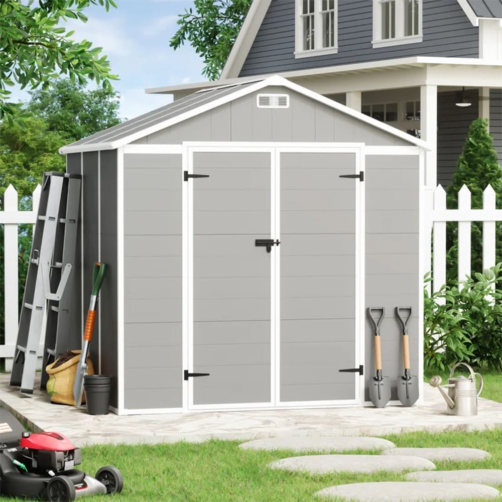 Abri de rangement extérieur en plastique et résine toutes saisons de 6 pi x 4 pi/6 pi x 8 pi/8 pi x 6 pi/8 pi x 10 pi avec plancher, abri à outils Spire