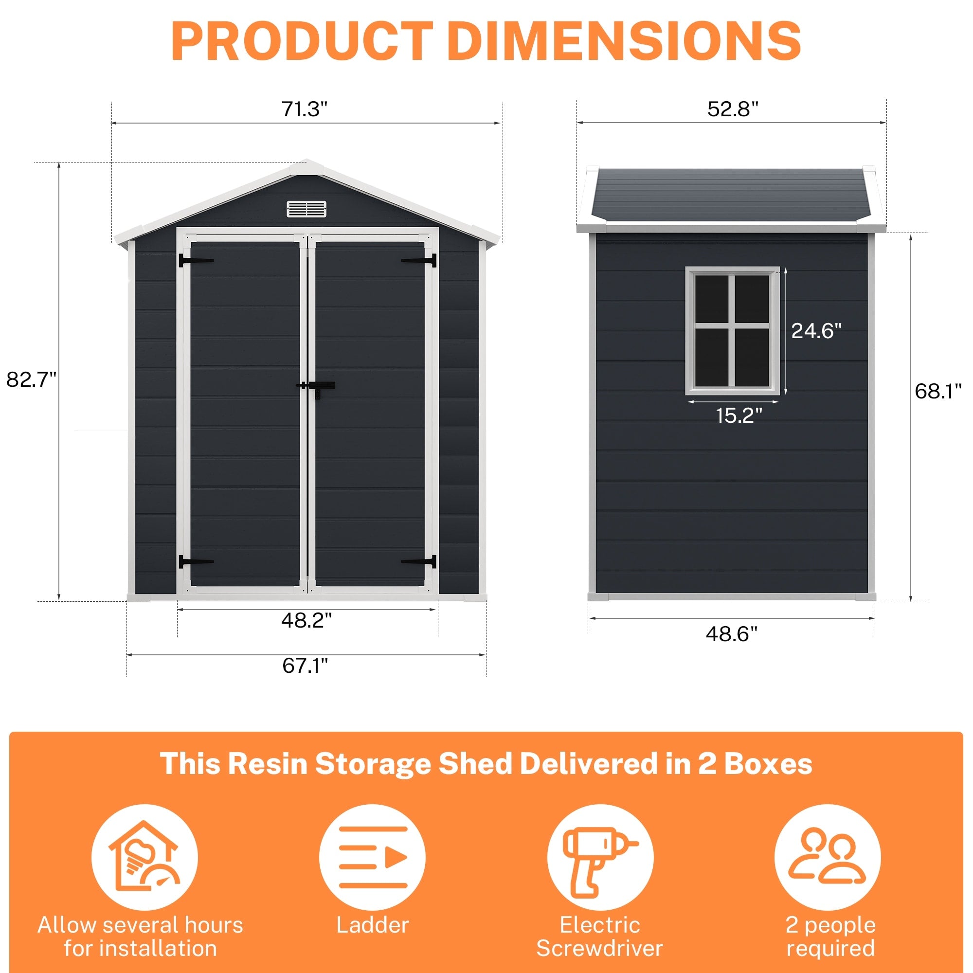 Abri de rangement extérieur en plastique et résine toutes saisons de 6 pi x 4 pi/6 pi x 8 pi/8 pi x 6 pi/8 pi x 10 pi avec plancher, abri à outils Spire