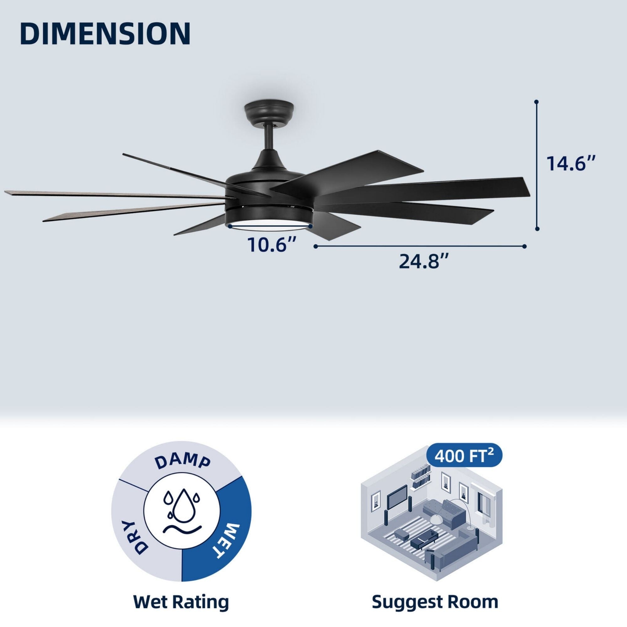Ventilateur de plafond Moasis noir mat de 60 po à 8 pales avec éclairage LED et télécommande - 60