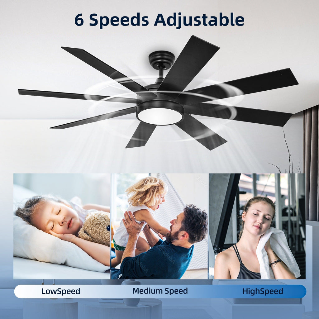 Ventilateur de plafond Moasis noir mat de 60 po à 8 pales avec éclairage LED et télécommande - 60