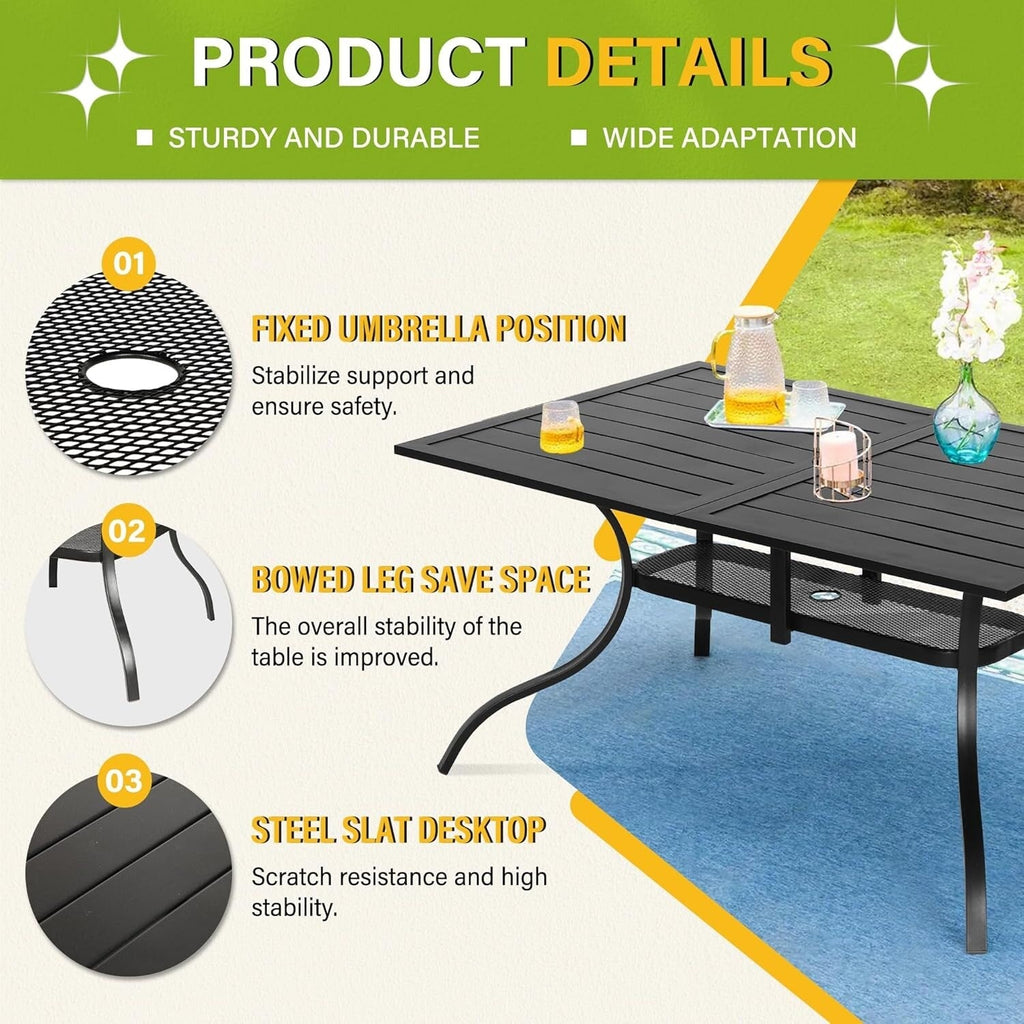 Table à manger rectangulaire en métal pour patio extérieur 60 x 37 avec trou pour parasol pour 6 personnes