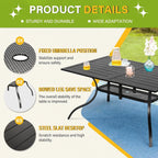 Table à manger rectangulaire en métal pour patio extérieur 60 x 37 avec trou pour parasol pour 6 personnes