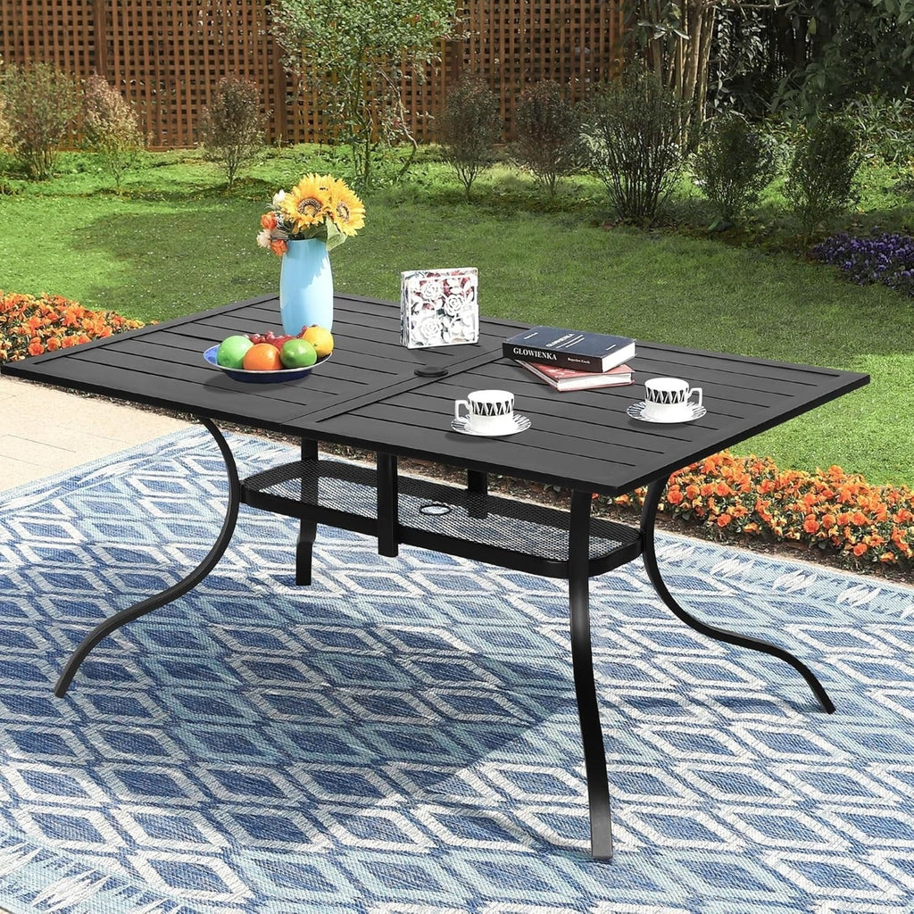 Table à manger rectangulaire en métal pour patio extérieur 60 x 37 avec trou pour parasol pour 6 personnes