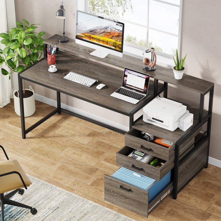Bureau d'ordinateur 63 avec support d'écran, bureaux ergonomiques pour la maison avec tiroirs et classeur