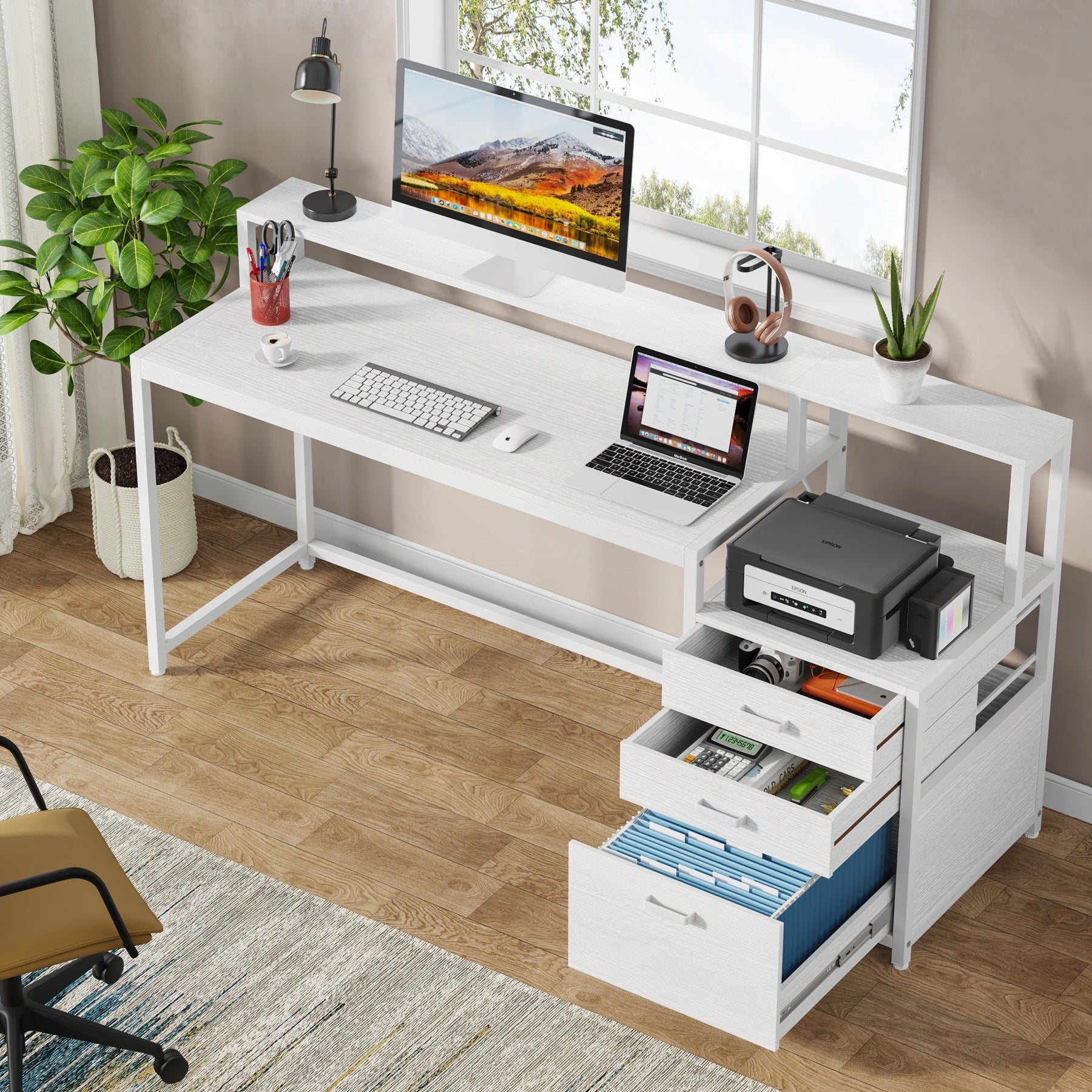 Bureau d'ordinateur 63 avec support d'écran, bureaux ergonomiques pour la maison avec tiroirs et classeur