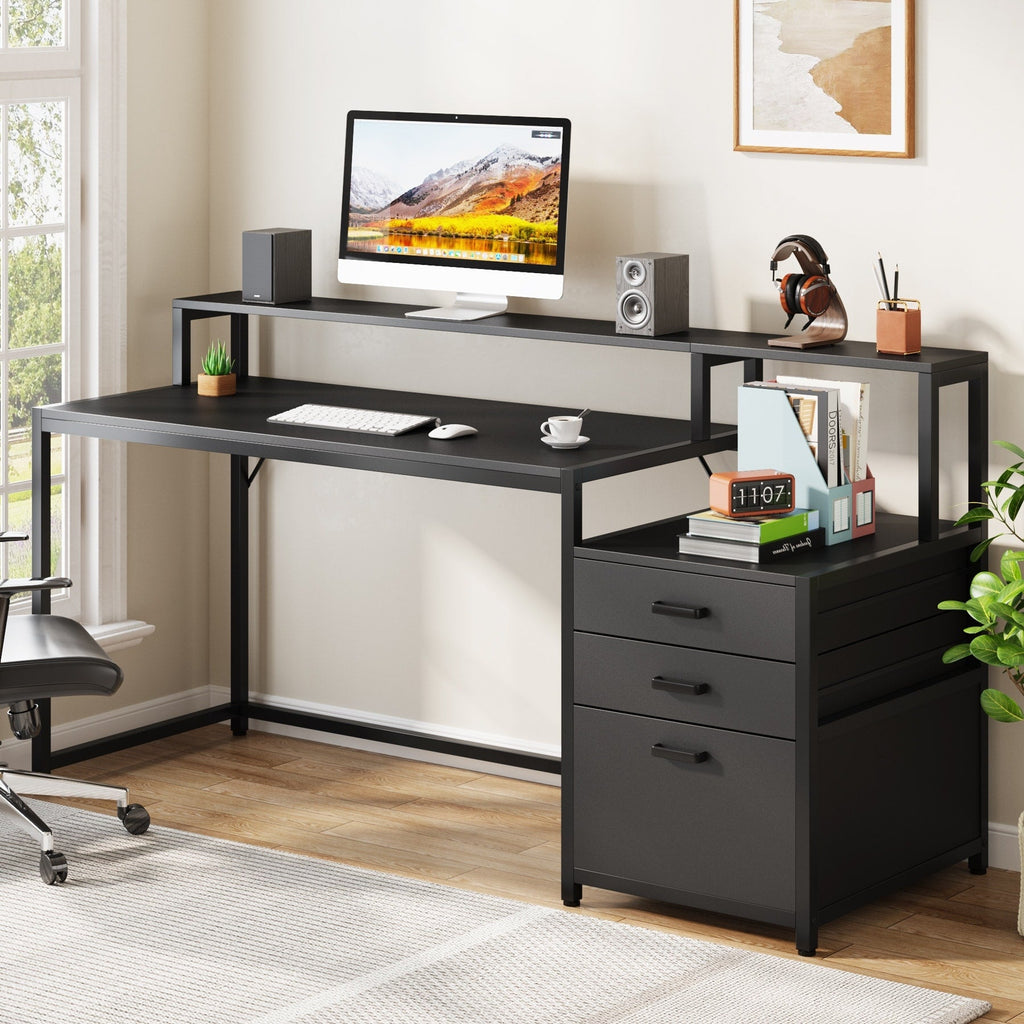 Bureau d'ordinateur 63 avec support d'écran, bureaux ergonomiques pour la maison avec tiroirs et classeur