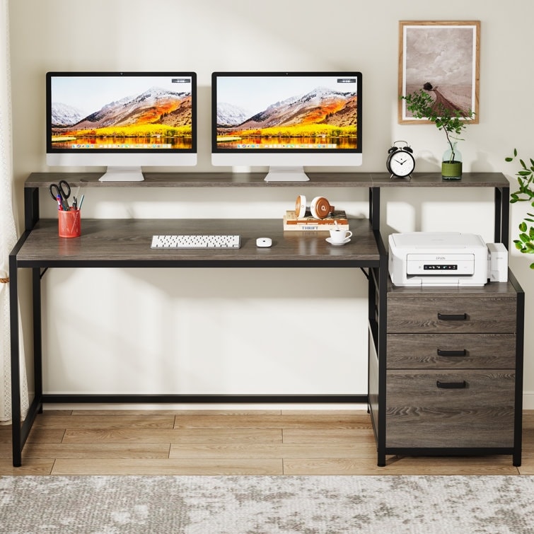 Bureau d'ordinateur 63 avec support d'écran, bureaux ergonomiques pour la maison avec tiroirs et classeur