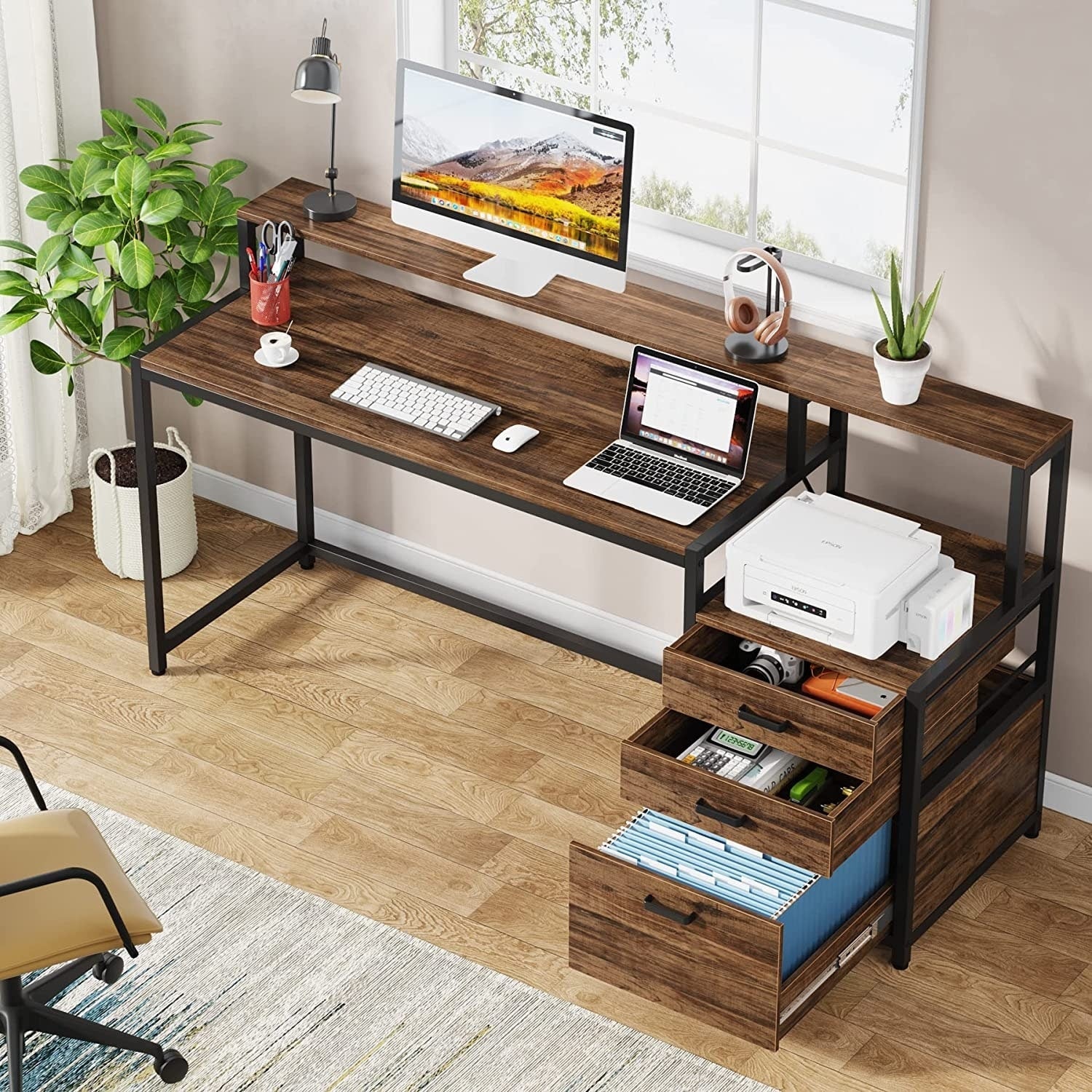Bureau d'ordinateur 63 avec support d'écran, bureaux ergonomiques pour la maison avec tiroirs et classeur