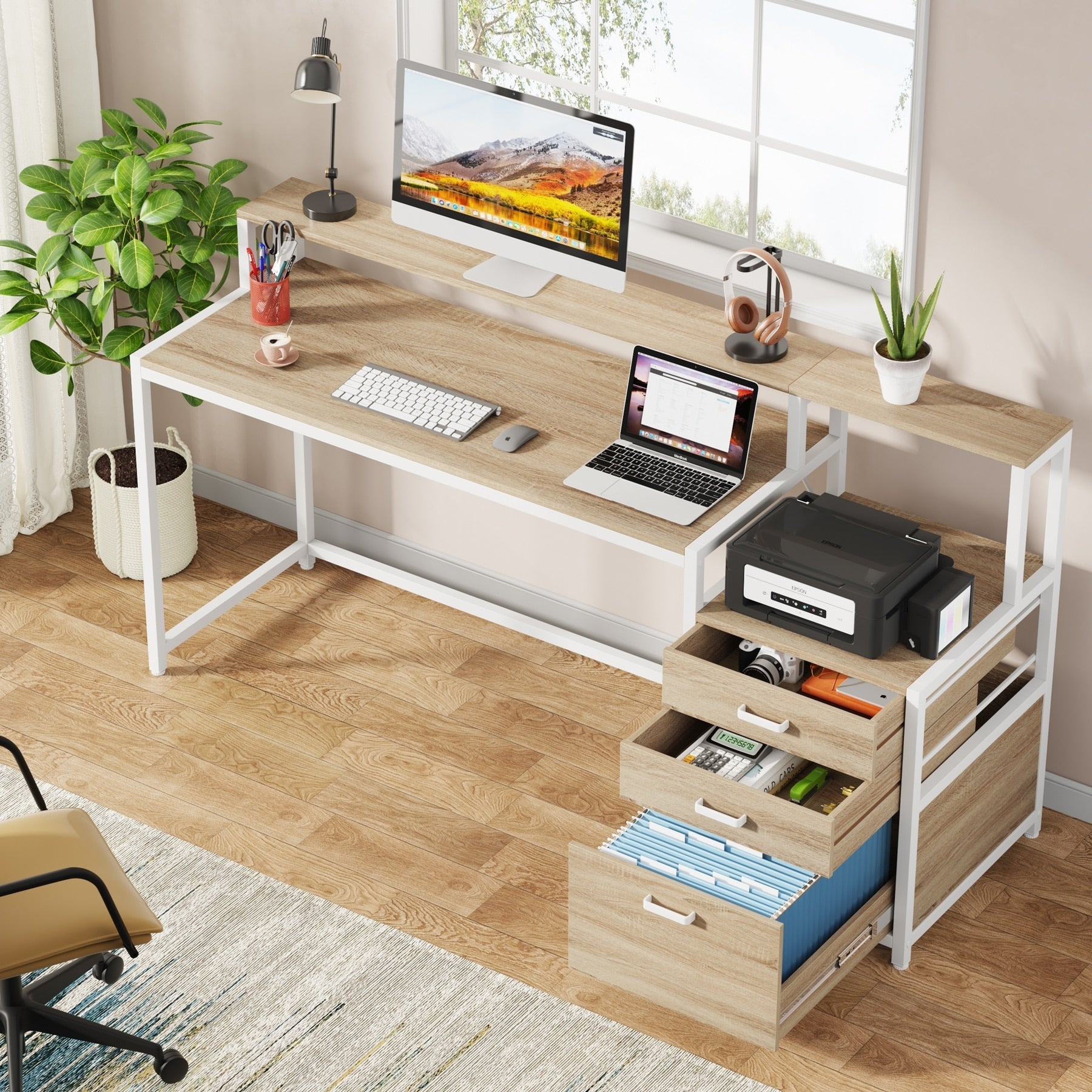 Bureau d'ordinateur 63 avec support d'écran, bureaux ergonomiques pour la maison avec tiroirs et classeur