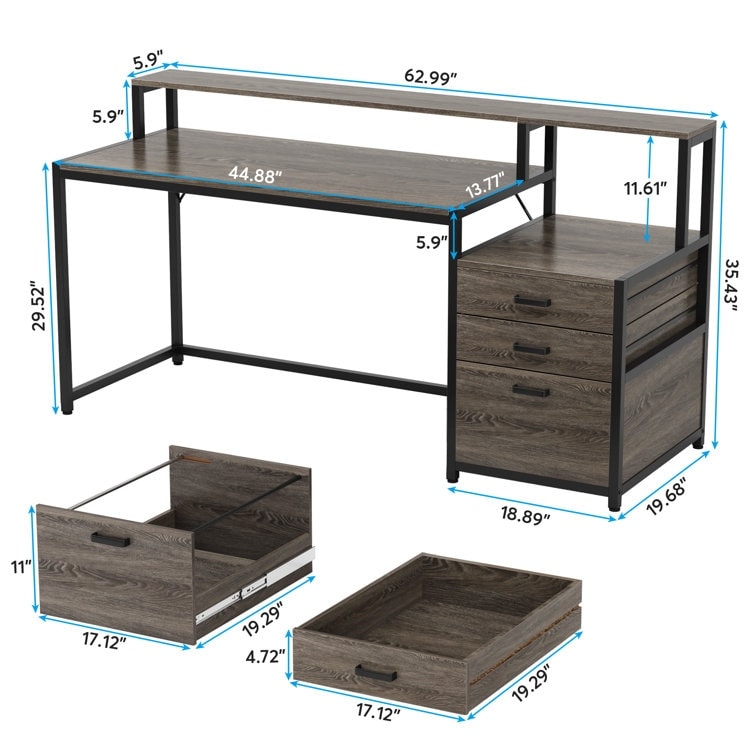 Bureau d'ordinateur 63 avec support d'écran, bureaux ergonomiques pour la maison avec tiroirs et classeur