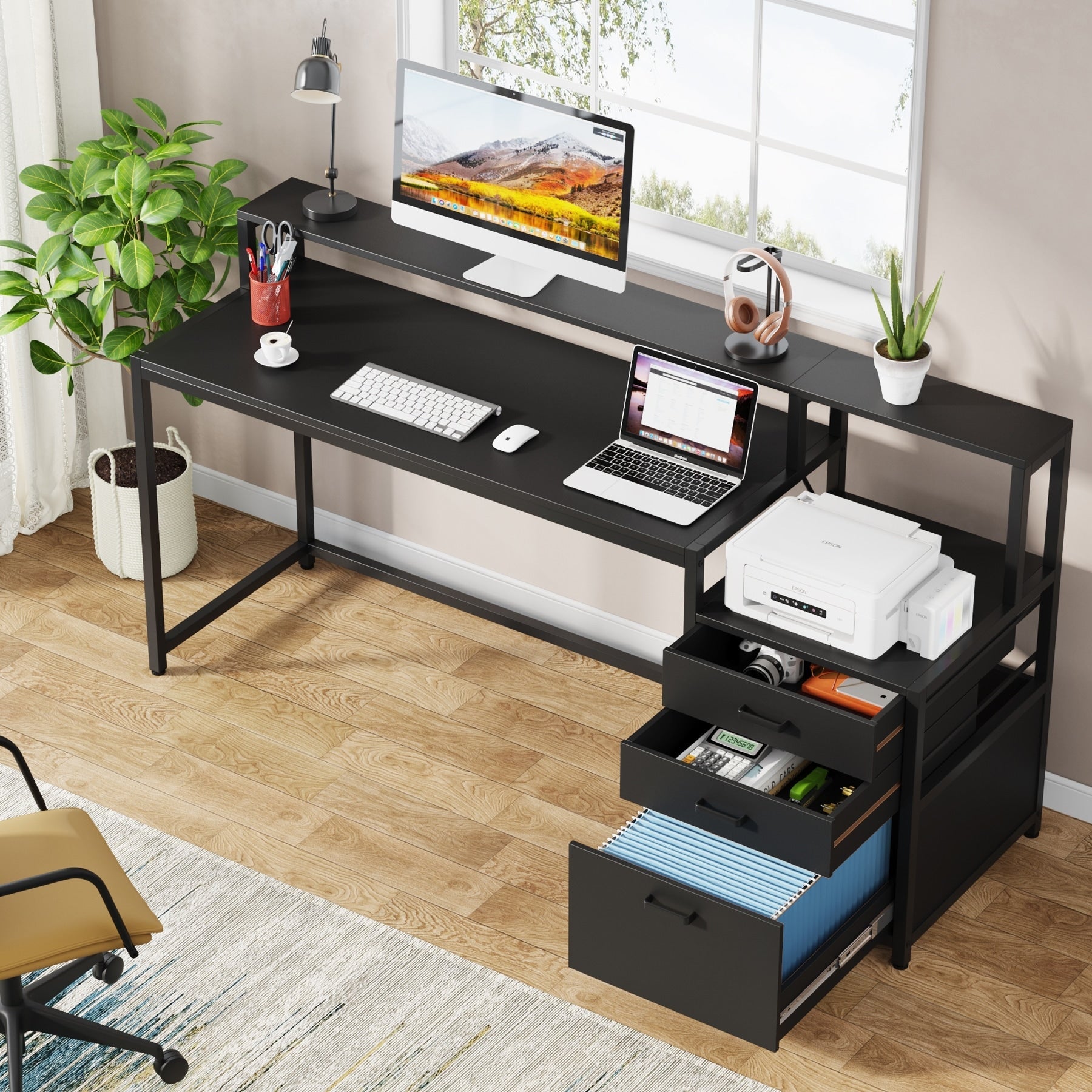 Bureau d'ordinateur 63 avec support d'écran, bureaux ergonomiques pour la maison avec tiroirs et classeur