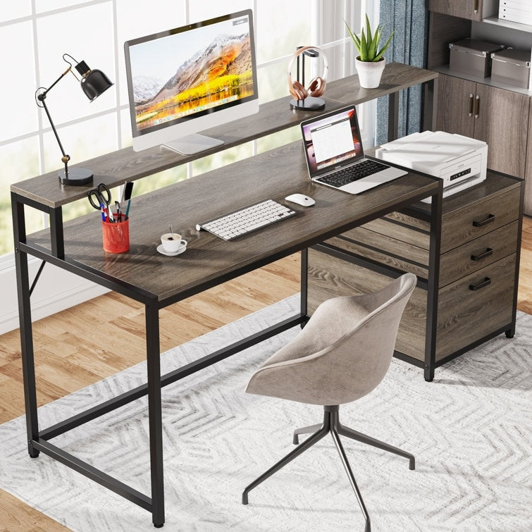 Bureau d'ordinateur 63 avec support d'écran, bureaux ergonomiques pour la maison avec tiroirs et classeur