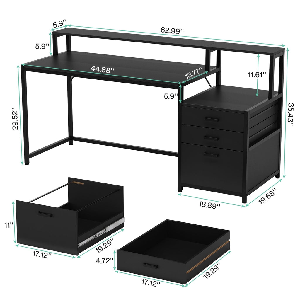 Bureau d'ordinateur 63 avec support d'écran, bureaux ergonomiques pour la maison avec tiroirs et classeur