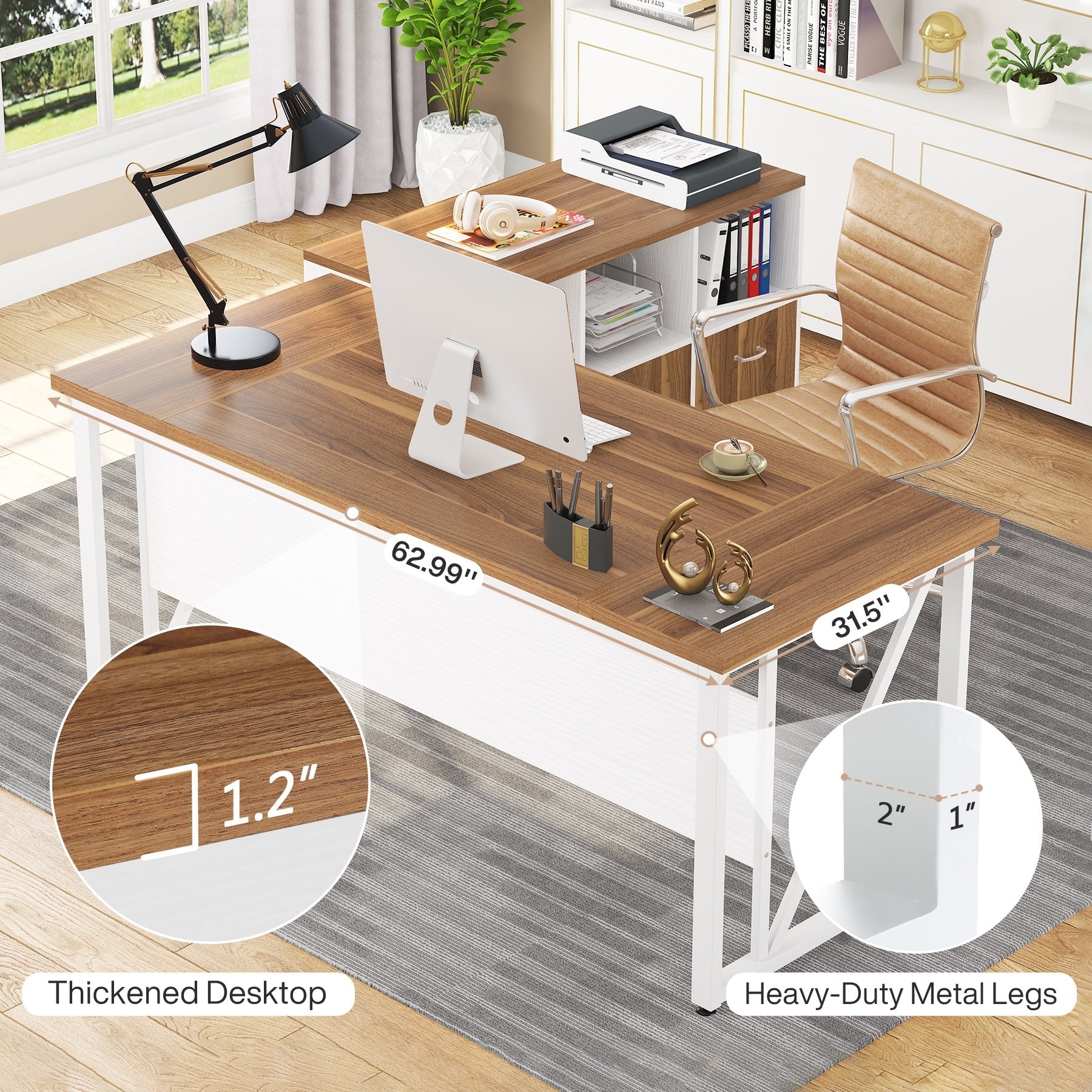 Bureau d'ordinateur en L de 63 pouces avec classeur latéral de 47 pouces, ensemble de bureau exécutif pour la maison
