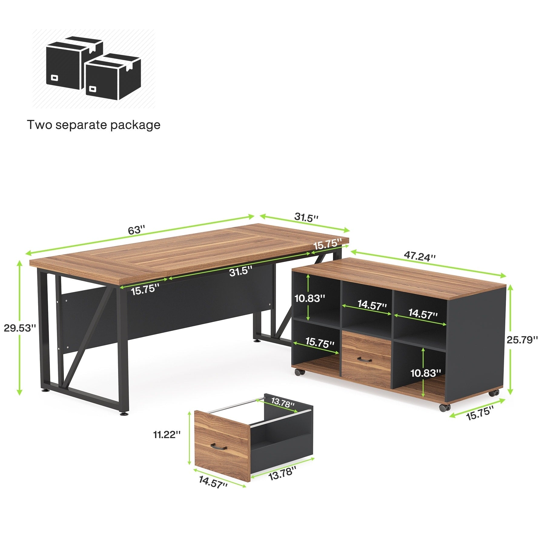 Bureau d'ordinateur en L de 63 pouces avec classeur latéral de 47 pouces, ensemble de bureau exécutif pour la maison