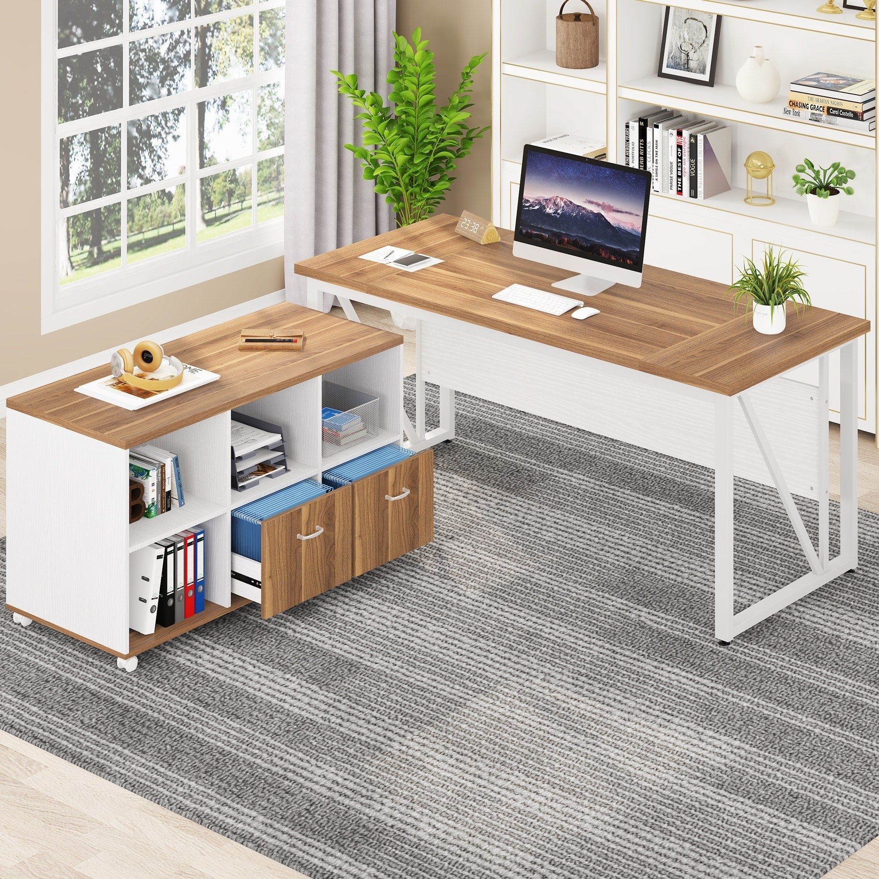 Bureau d'ordinateur en L de 63 pouces avec classeur latéral de 47 pouces, ensemble de bureau exécutif pour la maison