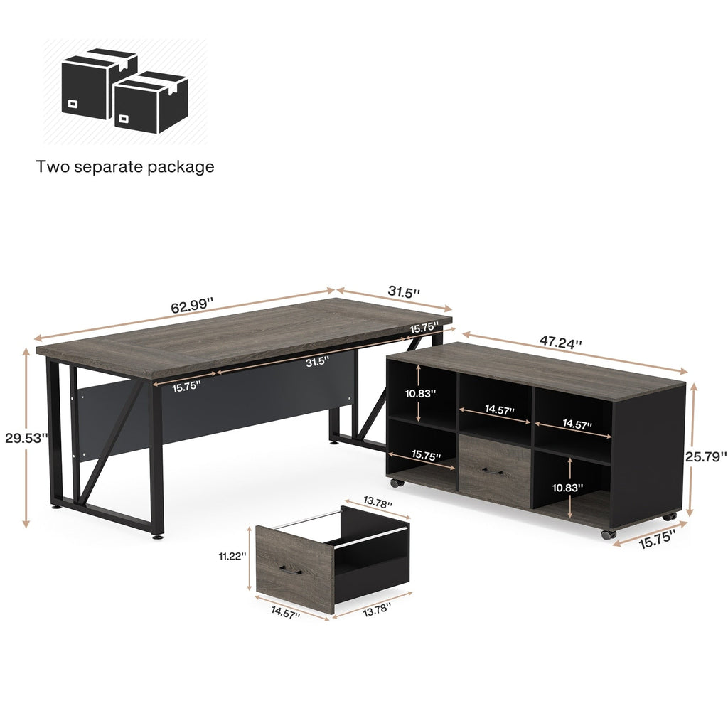 Bureau d'ordinateur en L de 63 pouces avec classeur latéral de 47 pouces, ensemble de bureau exécutif pour la maison