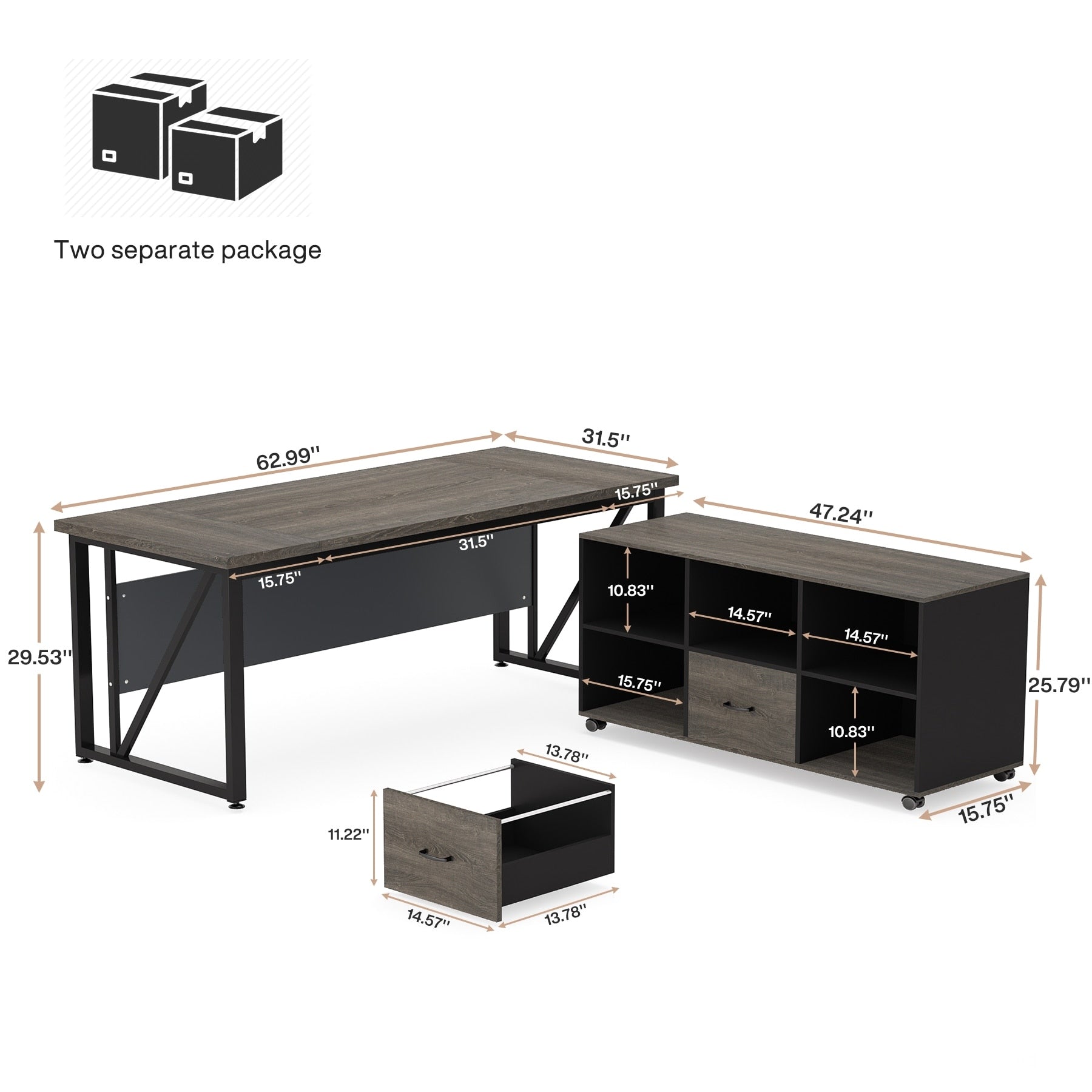 Bureau d'ordinateur en L de 63 pouces avec classeur latéral de 47 pouces, ensemble de bureau exécutif pour la maison