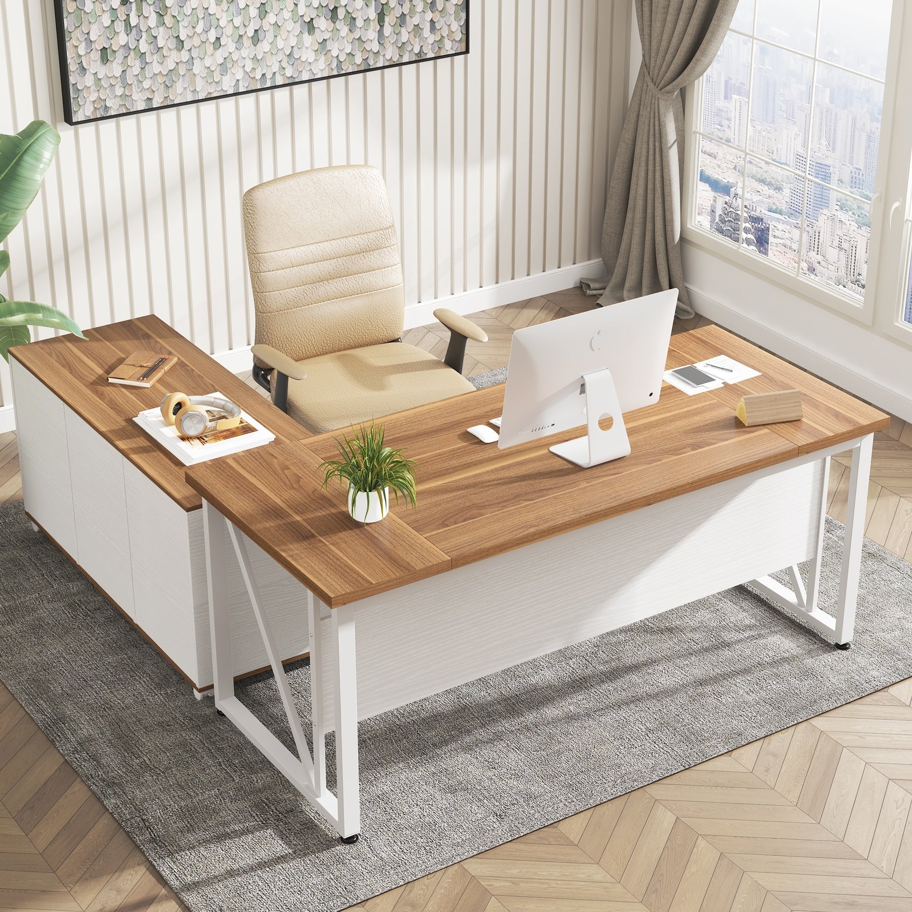 Bureau d'ordinateur en L de 63 pouces avec classeur latéral de 47 pouces, ensemble de bureau exécutif pour la maison