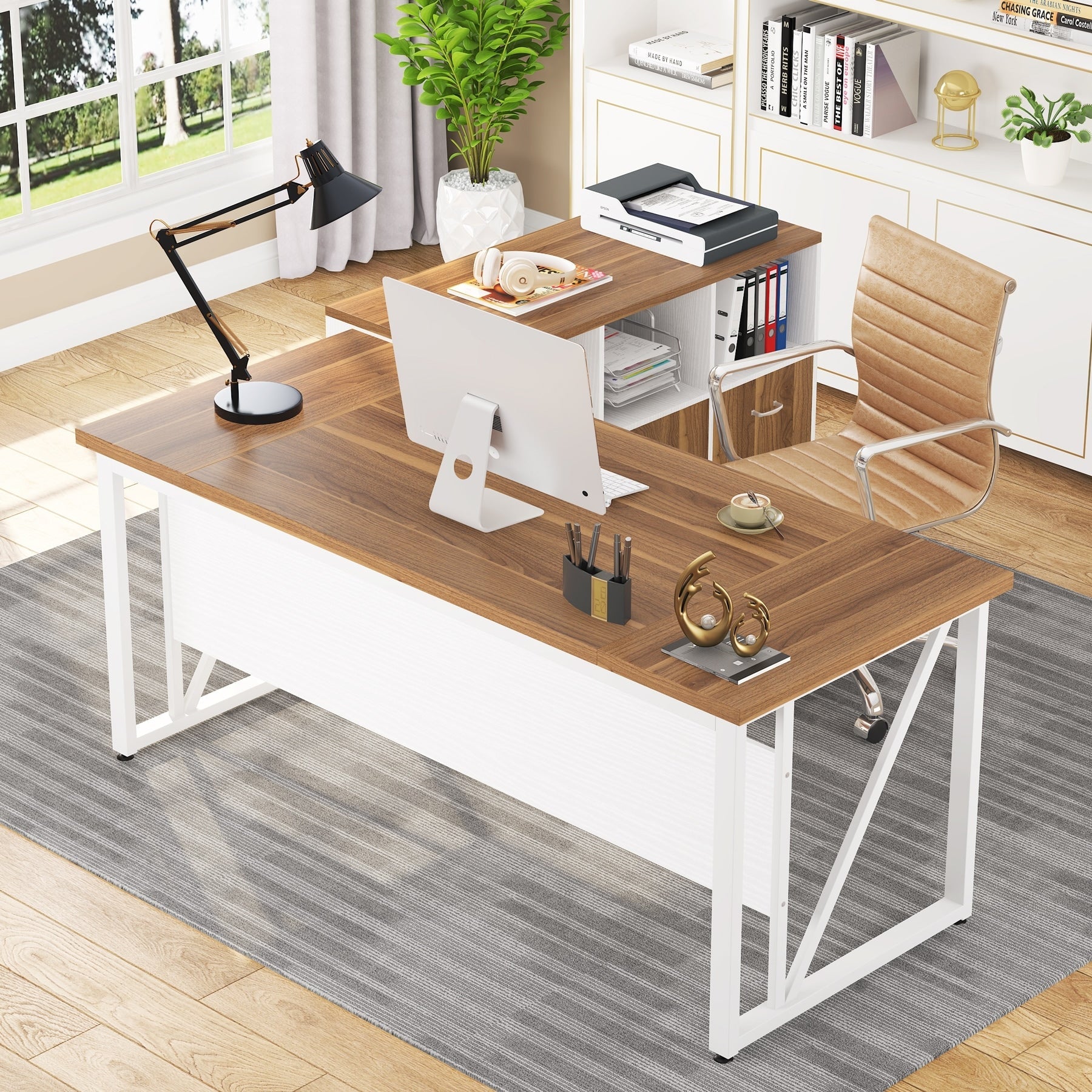 Bureau d'ordinateur en L de 63 pouces avec classeur latéral de 47 pouces, ensemble de bureau exécutif pour la maison