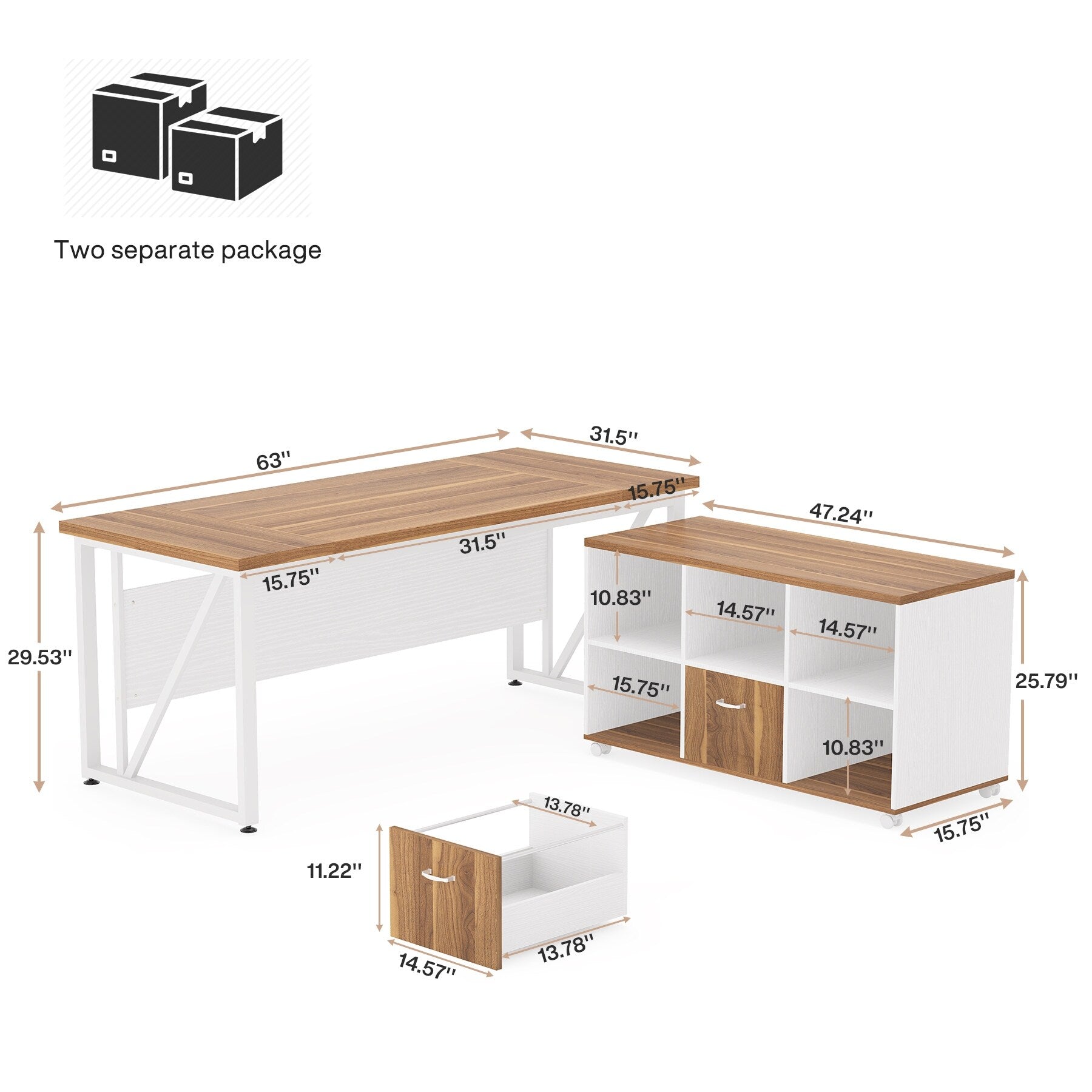 Bureau d'ordinateur en L de 63 pouces avec classeur latéral de 47 pouces, ensemble de bureau exécutif pour la maison