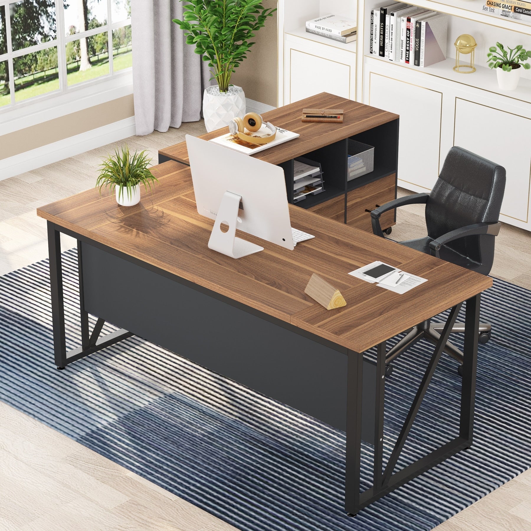 Bureau d'ordinateur en L de 63 pouces avec classeur latéral de 47 pouces, ensemble de bureau exécutif pour la maison