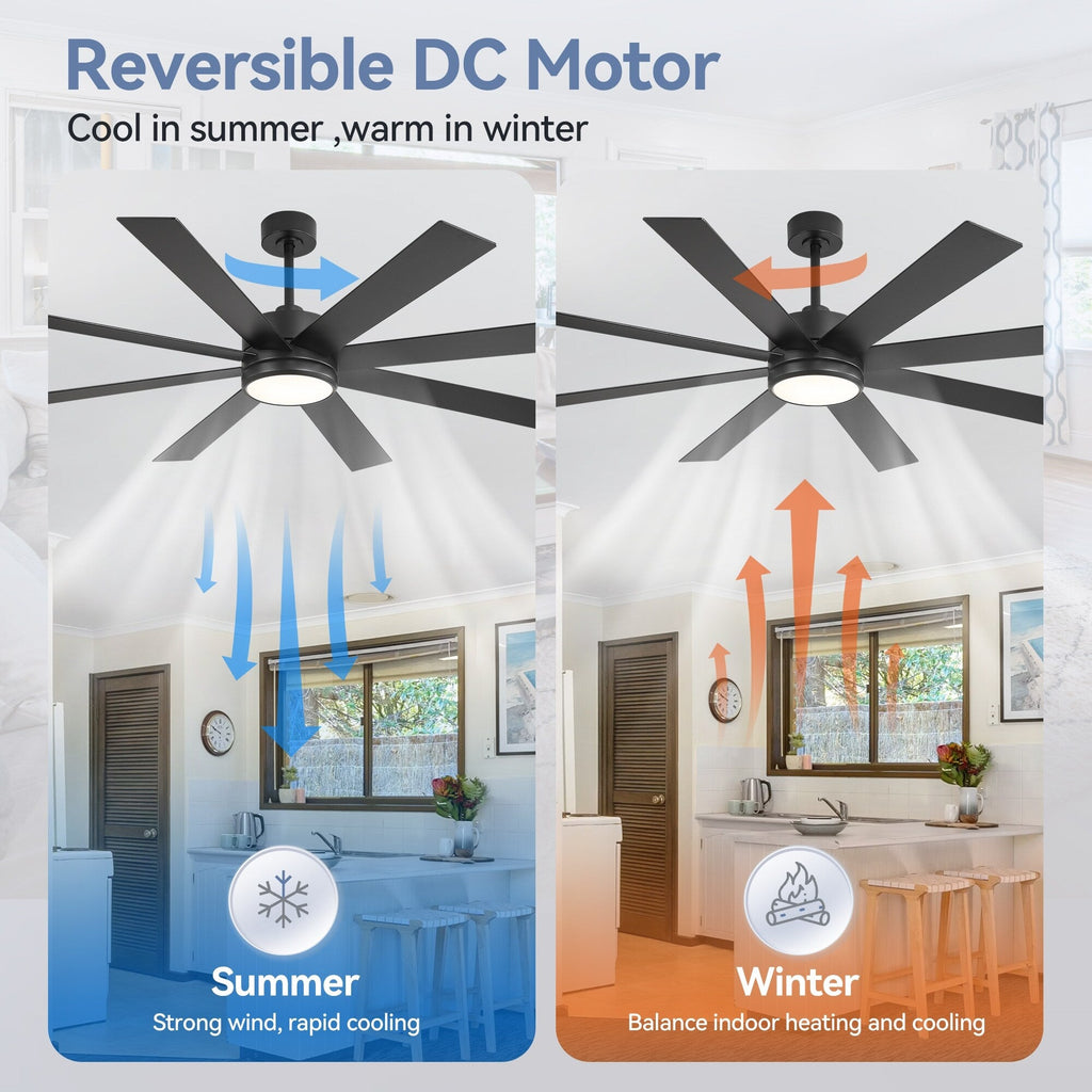 Ventilateur de plafond LED noir à 8 pales de 65 pouces avec éclairage et télécommande