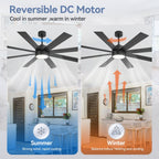 Ventilateur de plafond LED noir à 8 pales de 65 pouces avec éclairage et télécommande