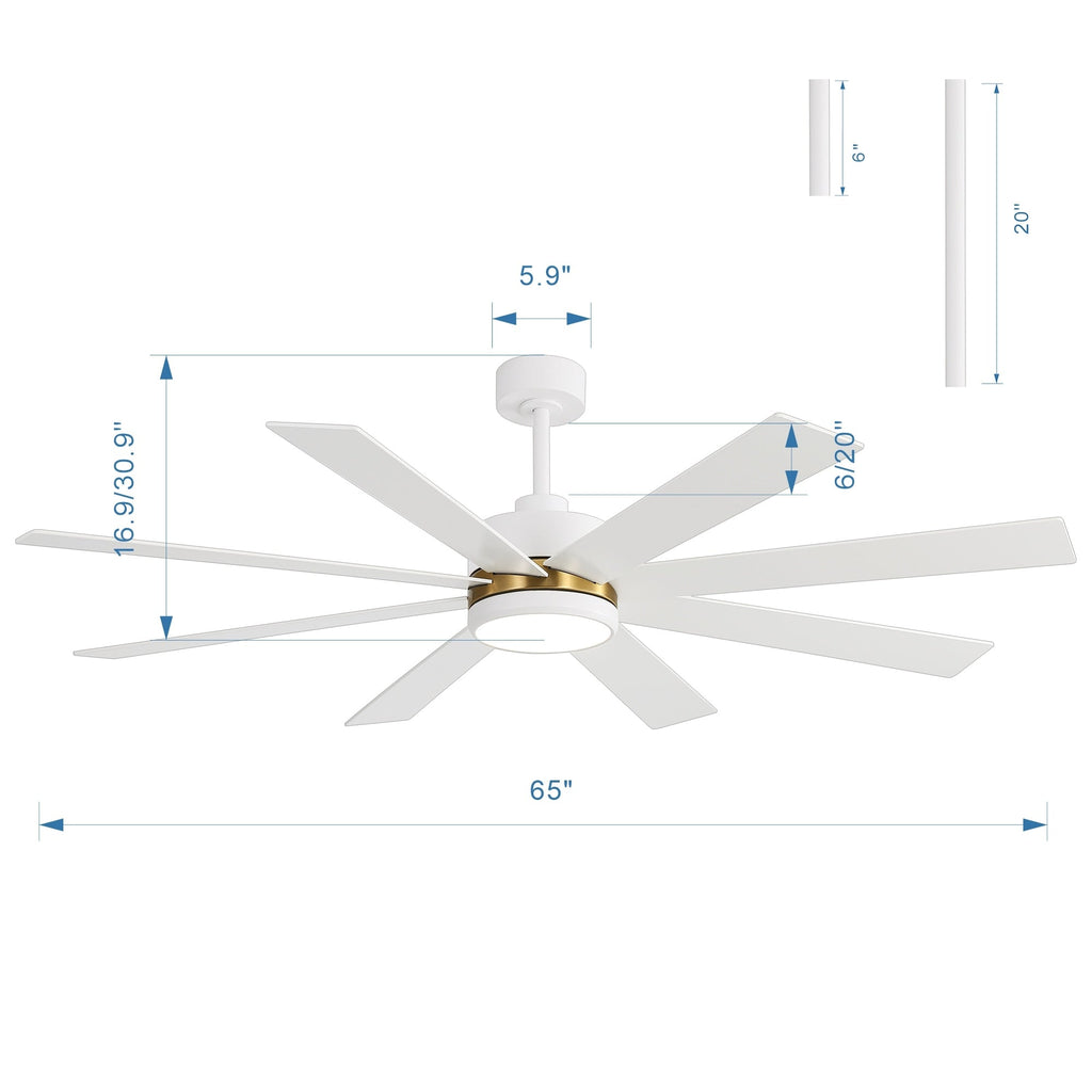 Ventilateur de plafond LED noir à 8 pales de 65 pouces avec éclairage et télécommande