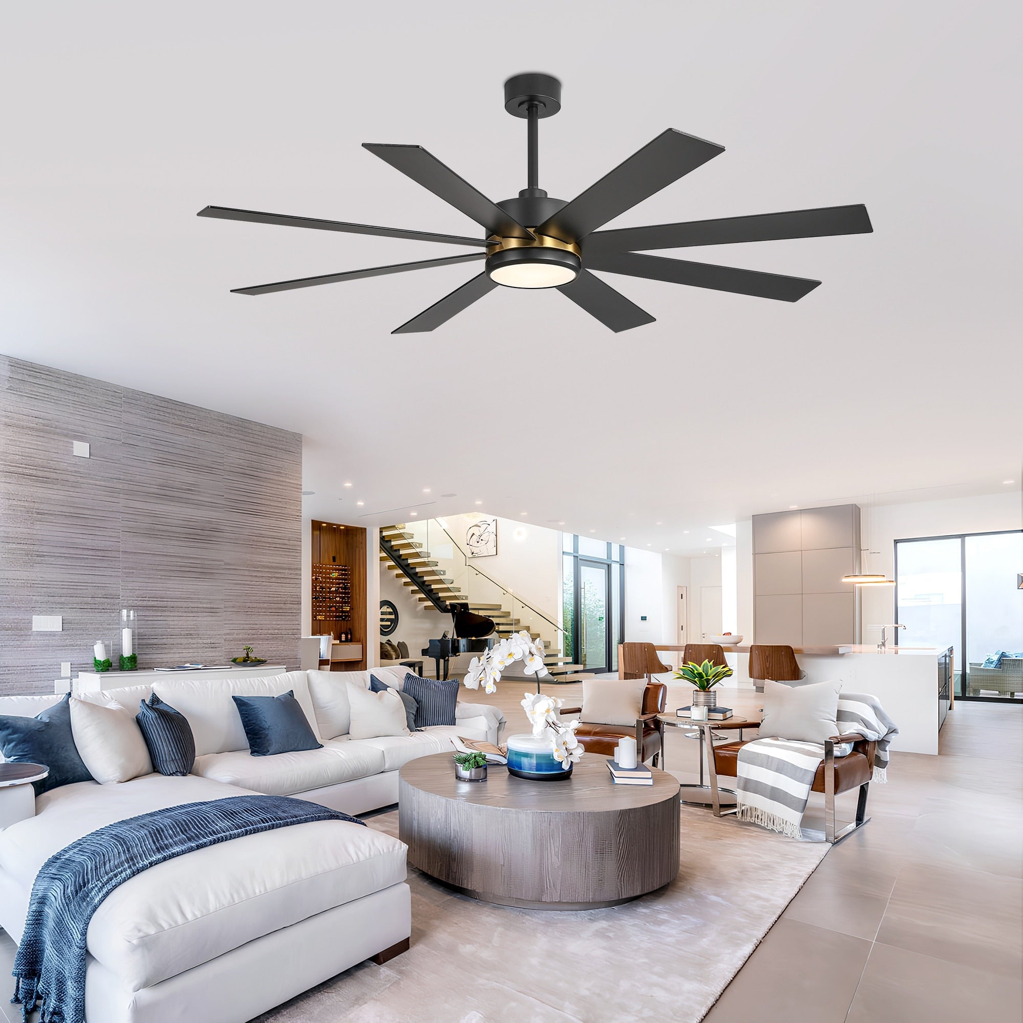 Ventilateur de plafond LED noir à 8 pales de 65 pouces avec éclairage et télécommande