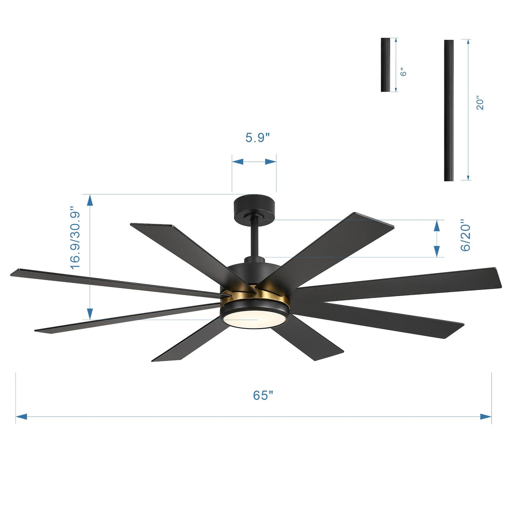 Ventilateur de plafond LED noir à 8 pales de 65 pouces avec éclairage et télécommande