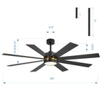 Ventilateur de plafond LED noir à 8 pales de 65 pouces avec éclairage et télécommande