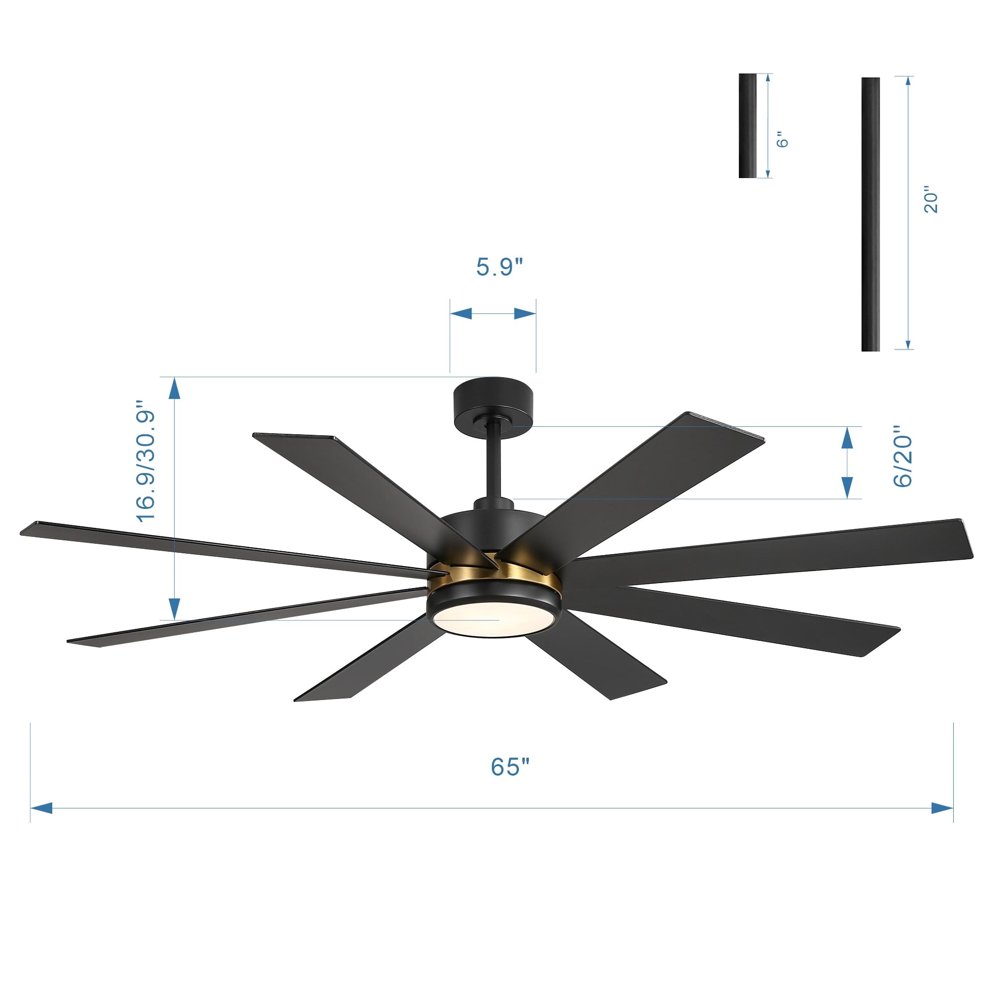 Ventilateur de plafond LED noir à 8 pales de 65 pouces avec éclairage et télécommande