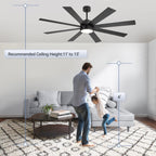 Ventilateur de plafond LED noir à 8 pales de 65 pouces avec éclairage et télécommande
