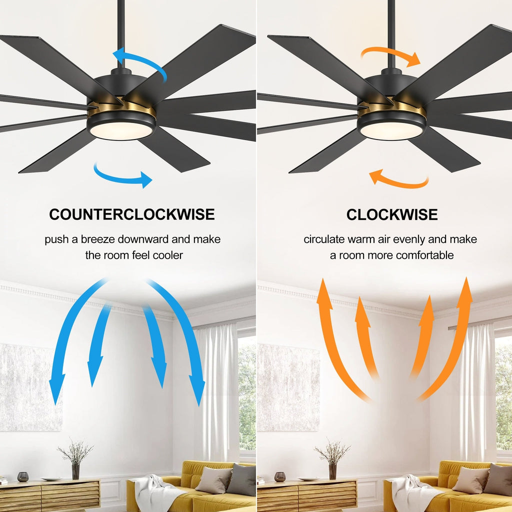 Ventilateur de plafond LED noir à 8 pales de 65 pouces avec éclairage et télécommande