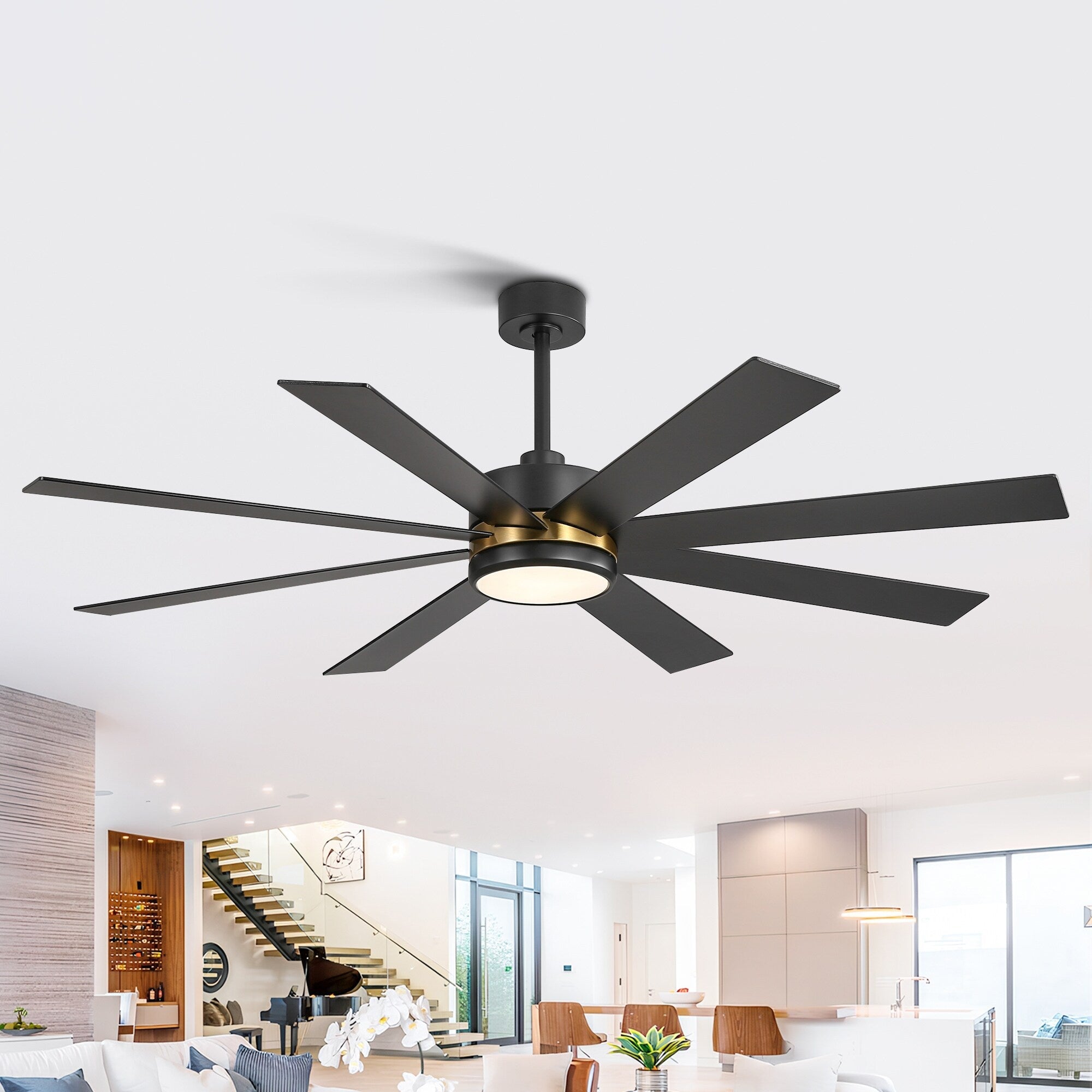 Ventilateur de plafond LED noir à 8 pales de 65 pouces avec éclairage et télécommande