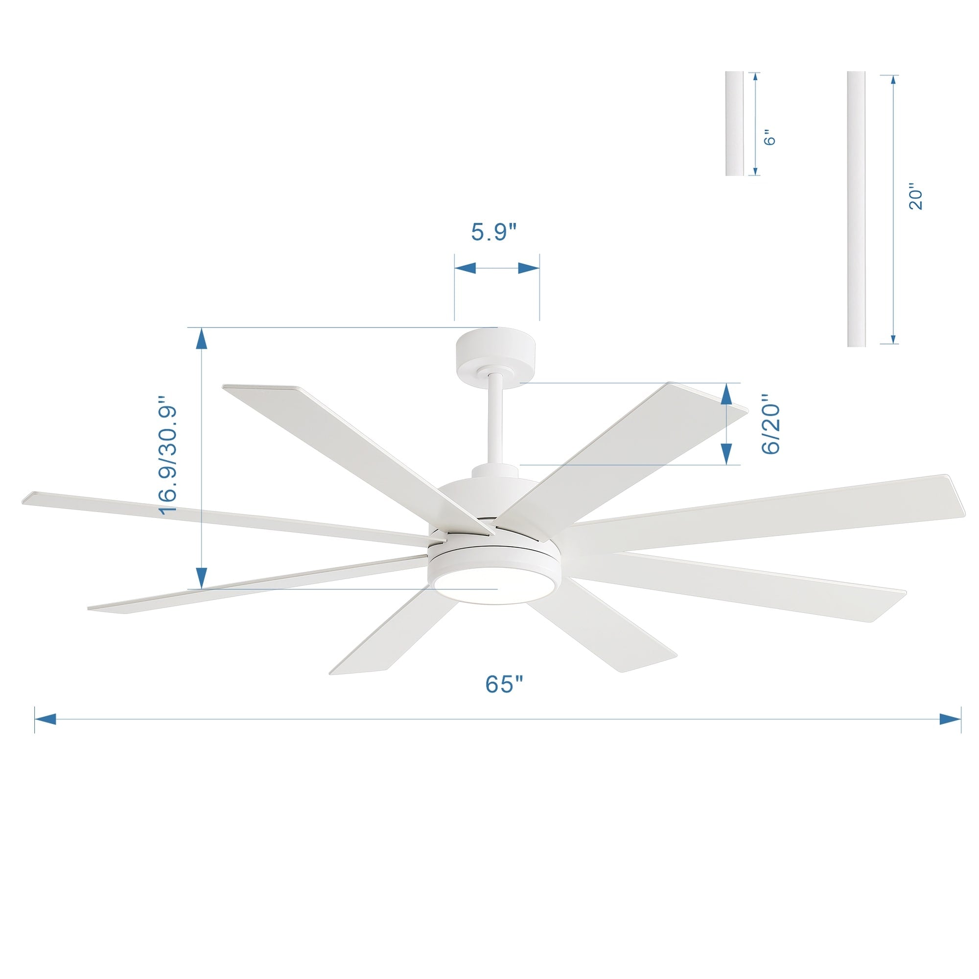 Ventilateur de plafond LED noir à 8 pales de 65 pouces avec éclairage et télécommande