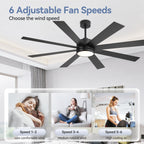 Ventilateur de plafond LED noir à 8 pales de 65 pouces avec éclairage et télécommande