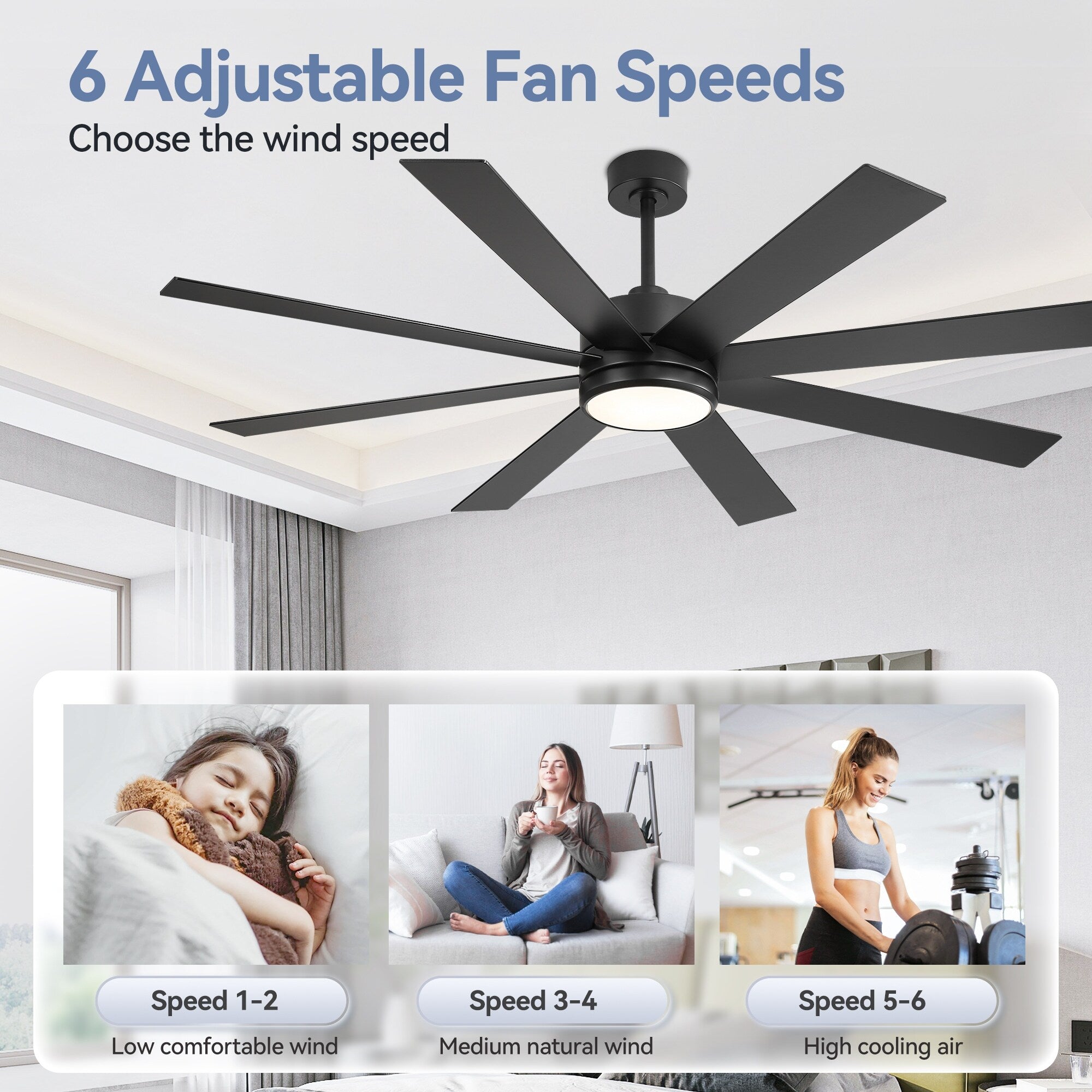 Ventilateur de plafond LED noir à 8 pales de 65 pouces avec éclairage et télécommande