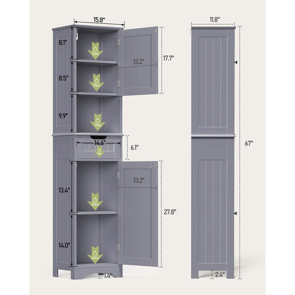 Armoire à linge étroite de salle de bain de 67 po de hauteur, meuble de rangement autoportant en bois massif à 5 niveaux